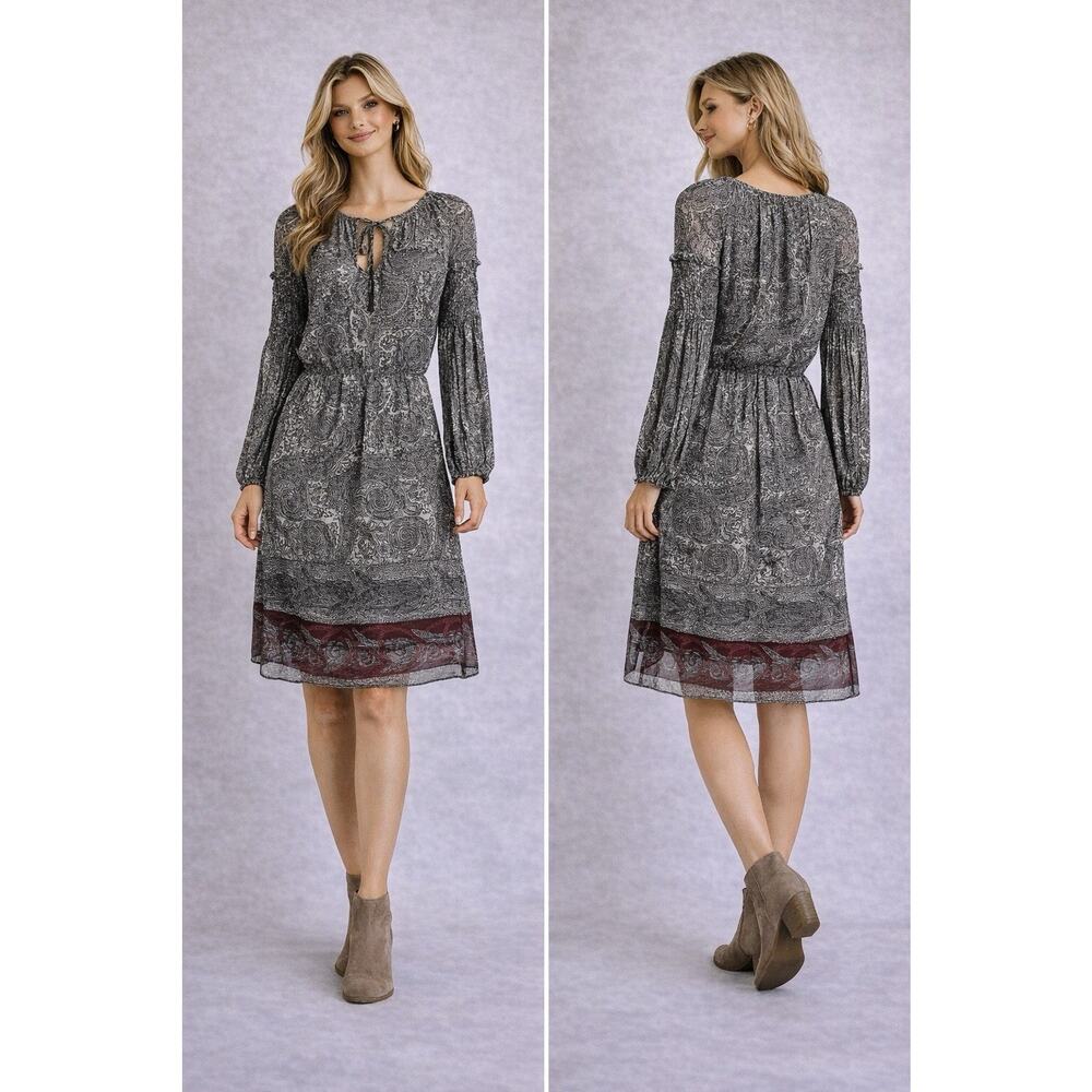 Max Studio Paisley Print Dress/S Gray Boho TieNeck Long Sleeve Lined Casual Chic